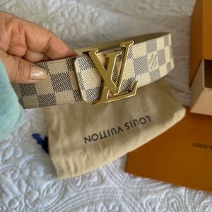 Louis Vuitton Damier Azur Canvas Belt With A Gold Tone Buckle Reversible